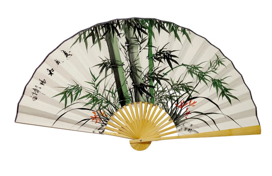 45-INCH LARGE HAND-PAINTED WALL FAN — THE COVENANT OF THE BAMBOO GROVE ON VAULT ARCHIVE WHITE RICE PAPER