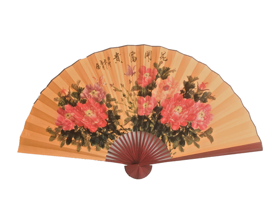 63-INCH EXTRA LARGE HAND-PAINTED WALL FAN — LEGACY PEONIES OF PROSPERITY ON VAULT ARCHIVE GOLD RICE PAPER