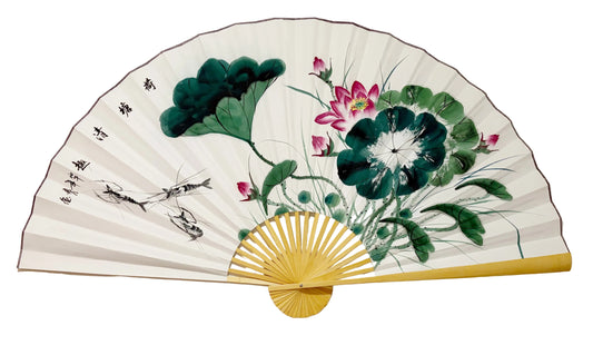 63-INCH EXTRA LARGE HAND-PAINTED WALL FAN — SERENE LOTUS POND MEMORIES ON VAULT ARCHIVE WHITE RICE PAPER