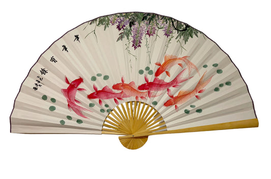 63-INCH EXTRA LARGE HAND-PAINTED WALL FAN — CONTINUOUS ABUNDANCE KOI &amp; WISTERIA ON VAULT ARCHIVE WHITE RICE PAPER