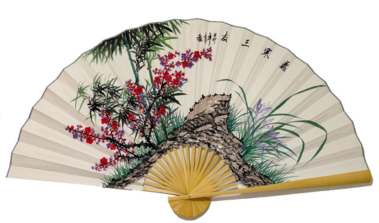 63-INCH EXTRA LARGE HAND-PAINTED WALL FAN — THREE FRIENDS OF WINTER ON VAULT ARCHIVE WHITE RICE PAPER