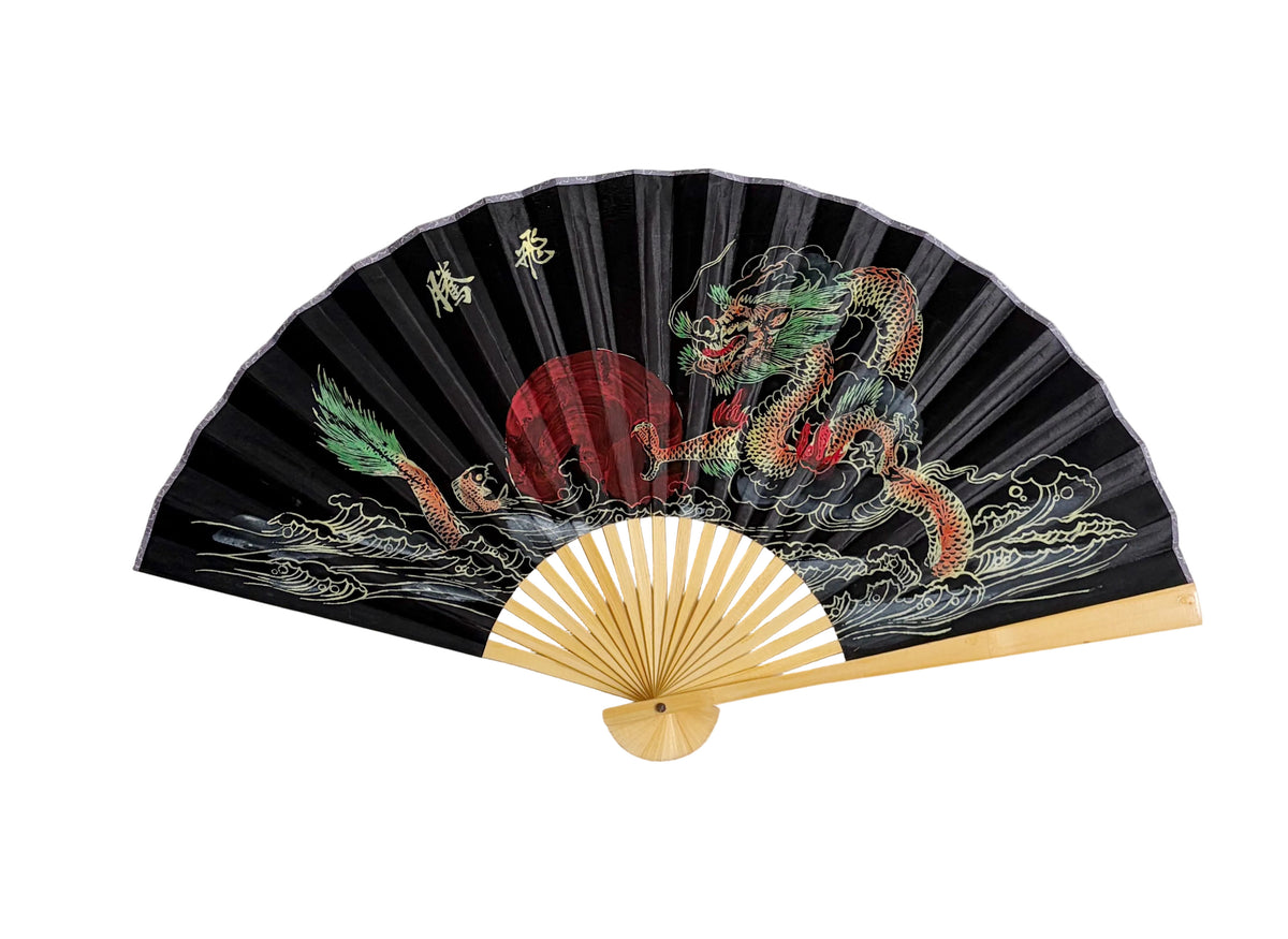 35-INCH DECORATIVE WALL FAN — MAJESTIC RISING DRAGON & CRIMSON SUN ON ELEGANT BLACK CANVAS