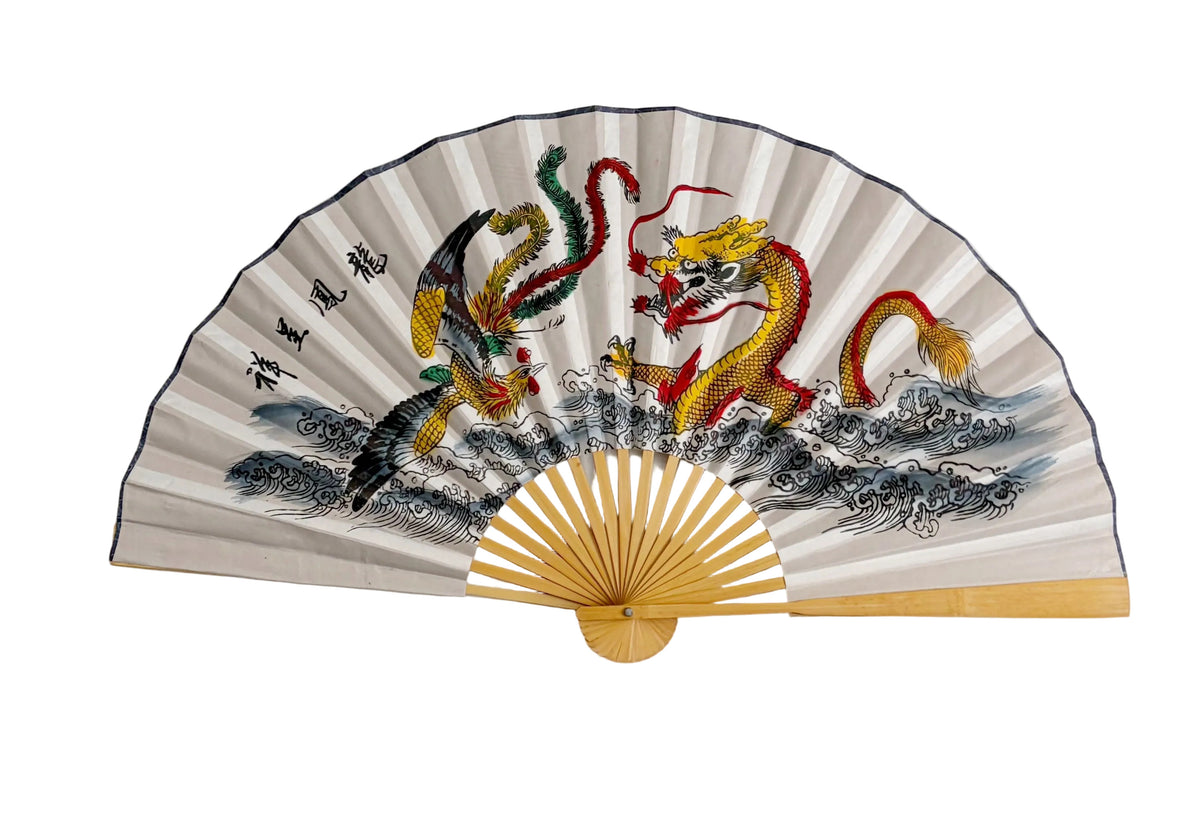35-INCH DECORATIVE WALL FAN — THE IMPERIAL DRAGON & PHOENIX ON CLASSIC OFF-WHITE CANVAS