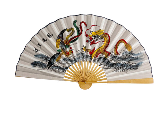 35-INCH DECORATIVE WALL FAN — THE IMPERIAL DRAGON & PHOENIX ON CLASSIC OFF-WHITE CANVAS