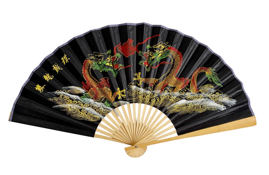 35-INCH DECORATIVE WALL FAN — TWIN IMPERIAL DRAGONS & FLAMING PEARL ON LUXURY BLACK CANVAS