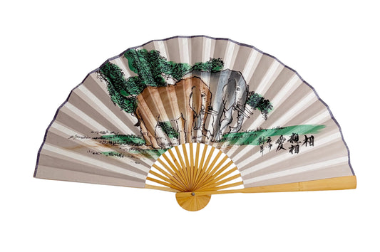 35-INCH DECORATIVE WALL FAN — DEVOTED ELEPHANT PAIR IN TRADITIONAL LIGHT GREY CANVAS
