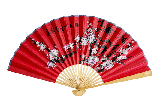 35-INCH DECORATIVE WALL FAN — WINTER RESILIENCE PLUM BLOSSOMS ON VIBRANT CRIMSON CANVAS