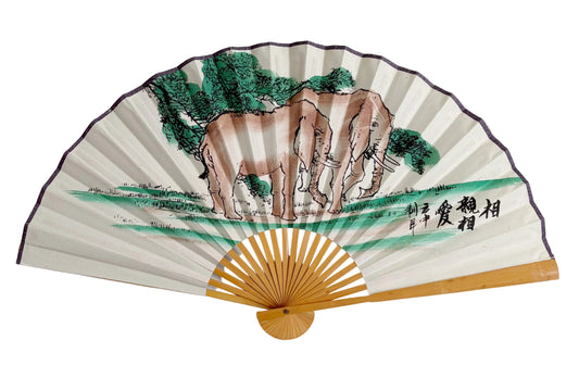35-INCH DECORATIVE WALL FAN — LIFELONG DEVOTION ELEPHANT PAIR ON OFF-WHITE CANVAS